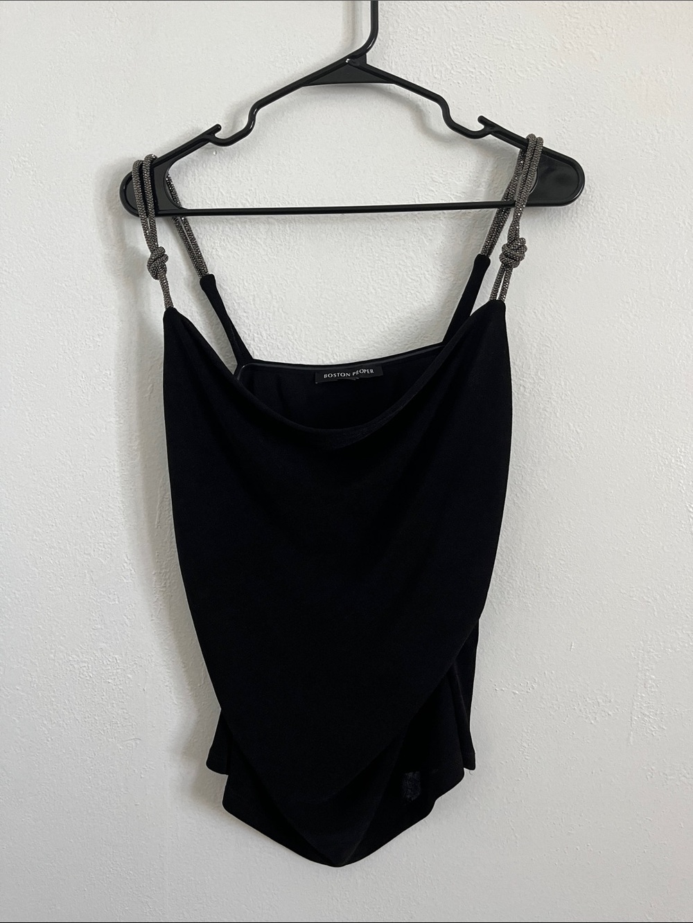 Boston Proper Black Asymmetrical Draped Top with Metallic Rope Straps with Botto